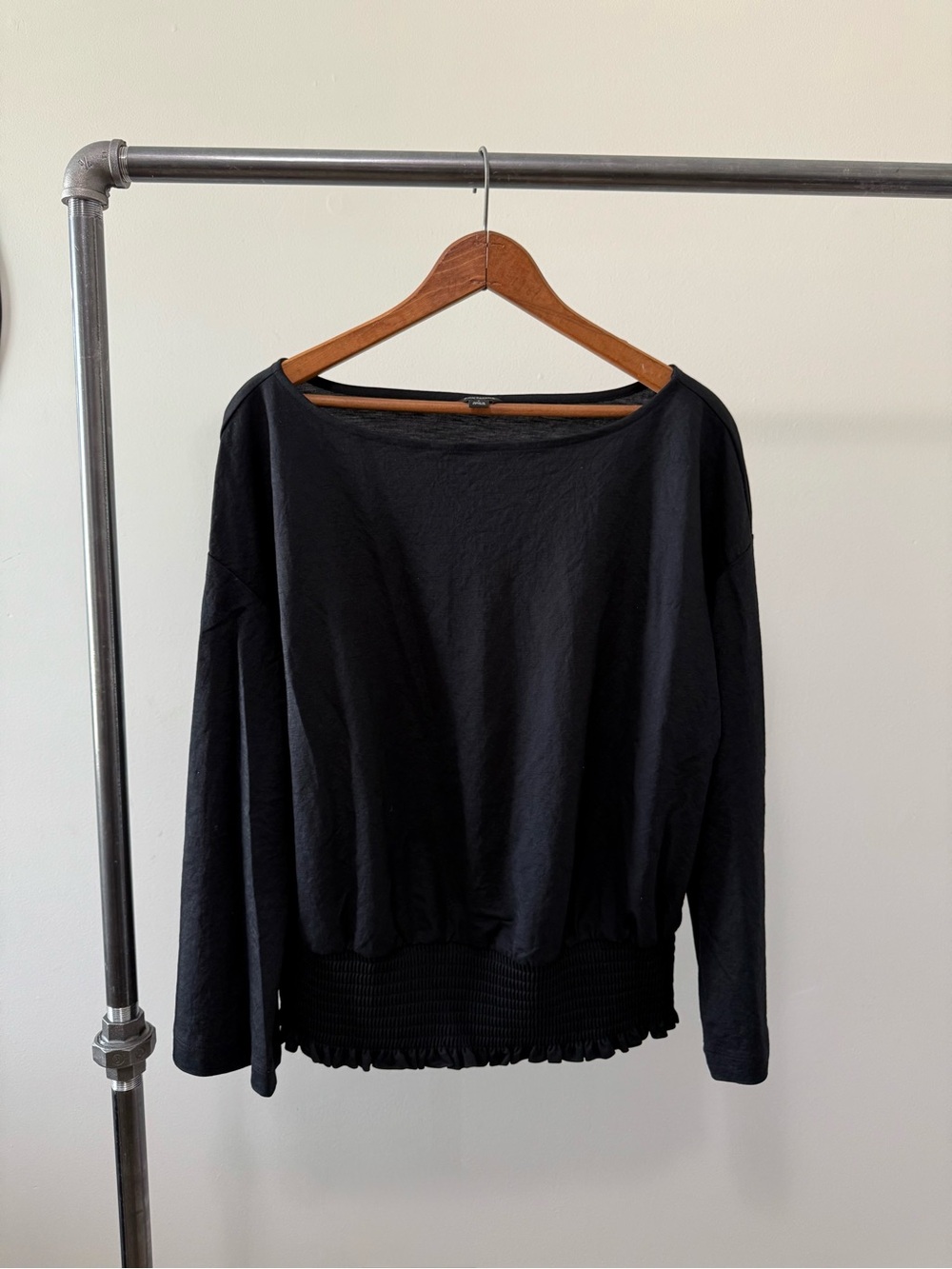 Ann Taylor Black Boatneck Long-Sleeve Top with Smocked Hem